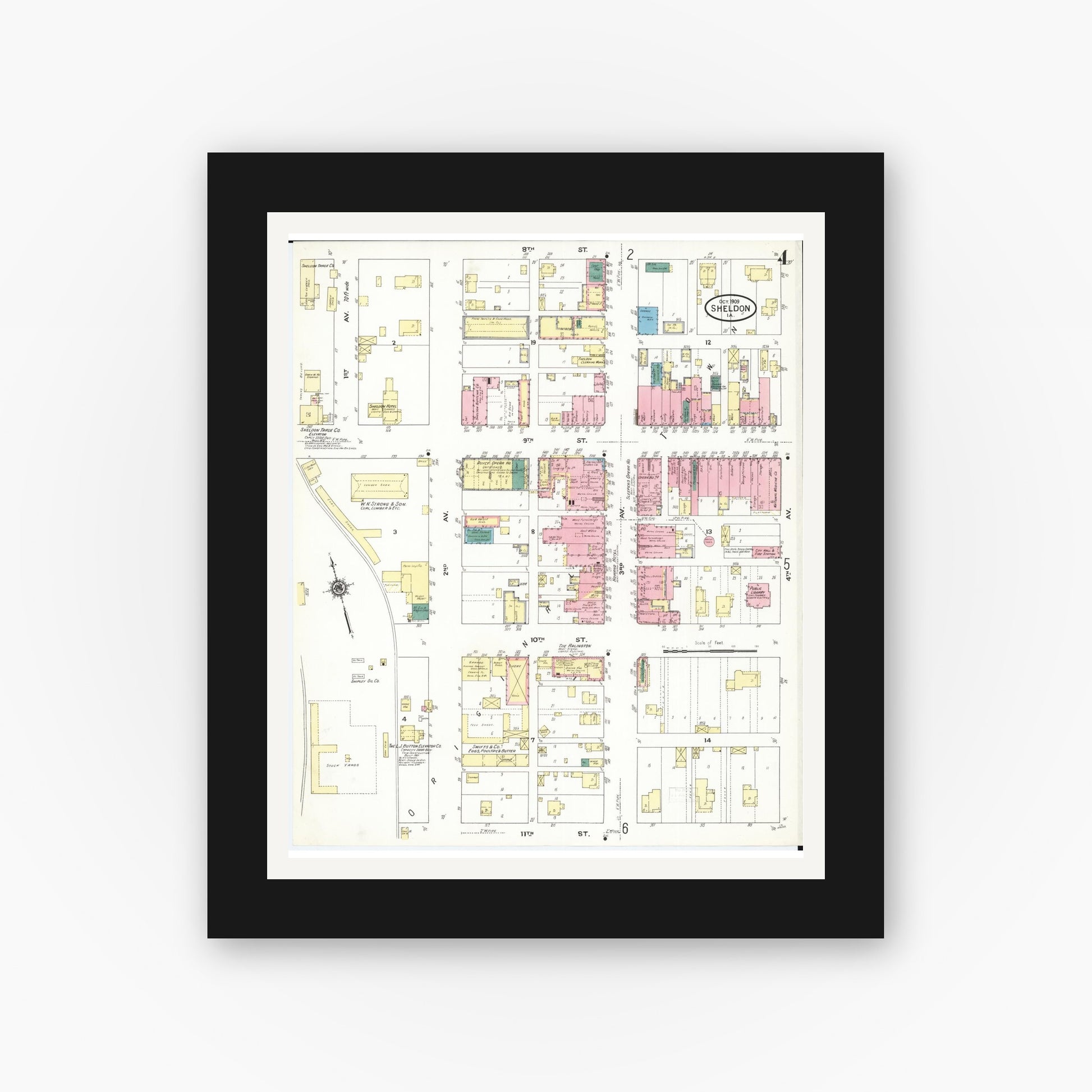 Old map wall art mockup — black gallery frame with white mat — Sanborn Fire Insurance Map from Sheldon, O'Brien County, Iowa (1909), Sheet #0004