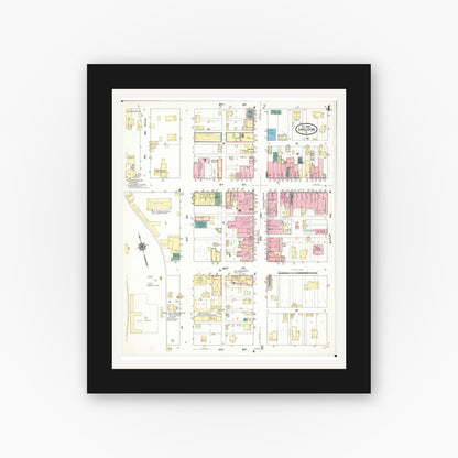 Old map wall art mockup — black gallery frame with white mat — Sanborn Fire Insurance Map from Sheldon, O'Brien County, Iowa (1909), Sheet #0004