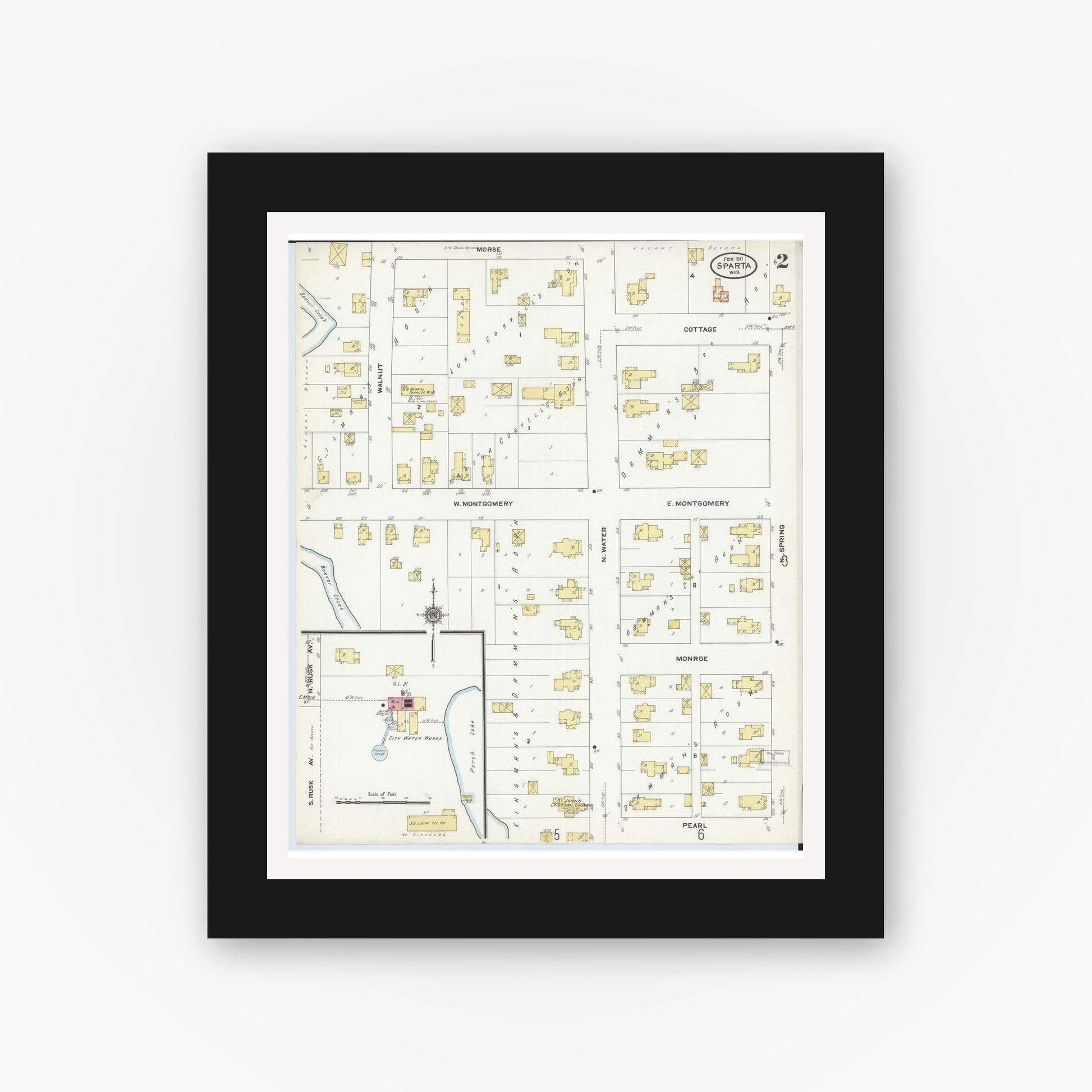 Old map wall art mockup — black gallery frame with white mat — Sanborn Fire Insurance Map from Sparta, Monroe County, Wisconsin (1911), Sheet #0002