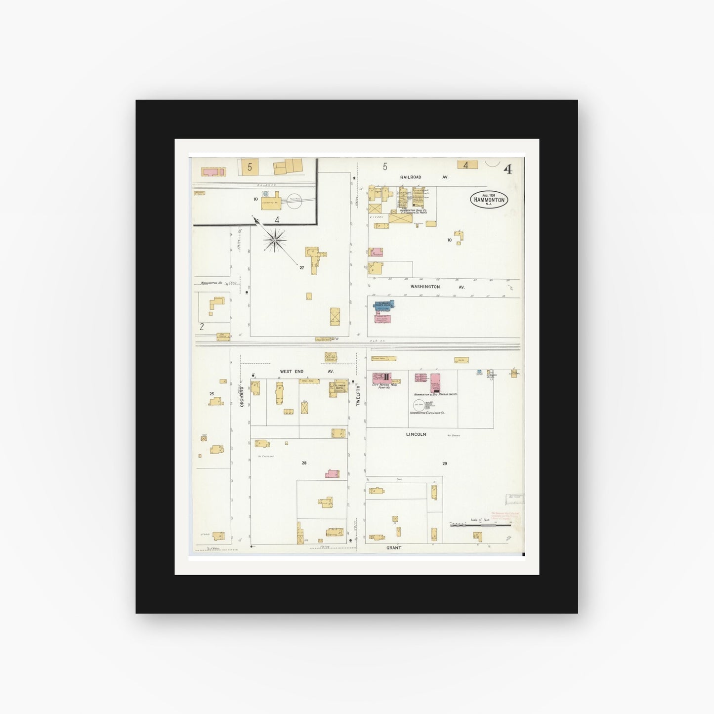 Old map wall art mockup — black gallery frame with white mat — Sanborn Fire Insurance Map from Hammonton, Atlantic County, New Jersey (1908), Sheet #0004