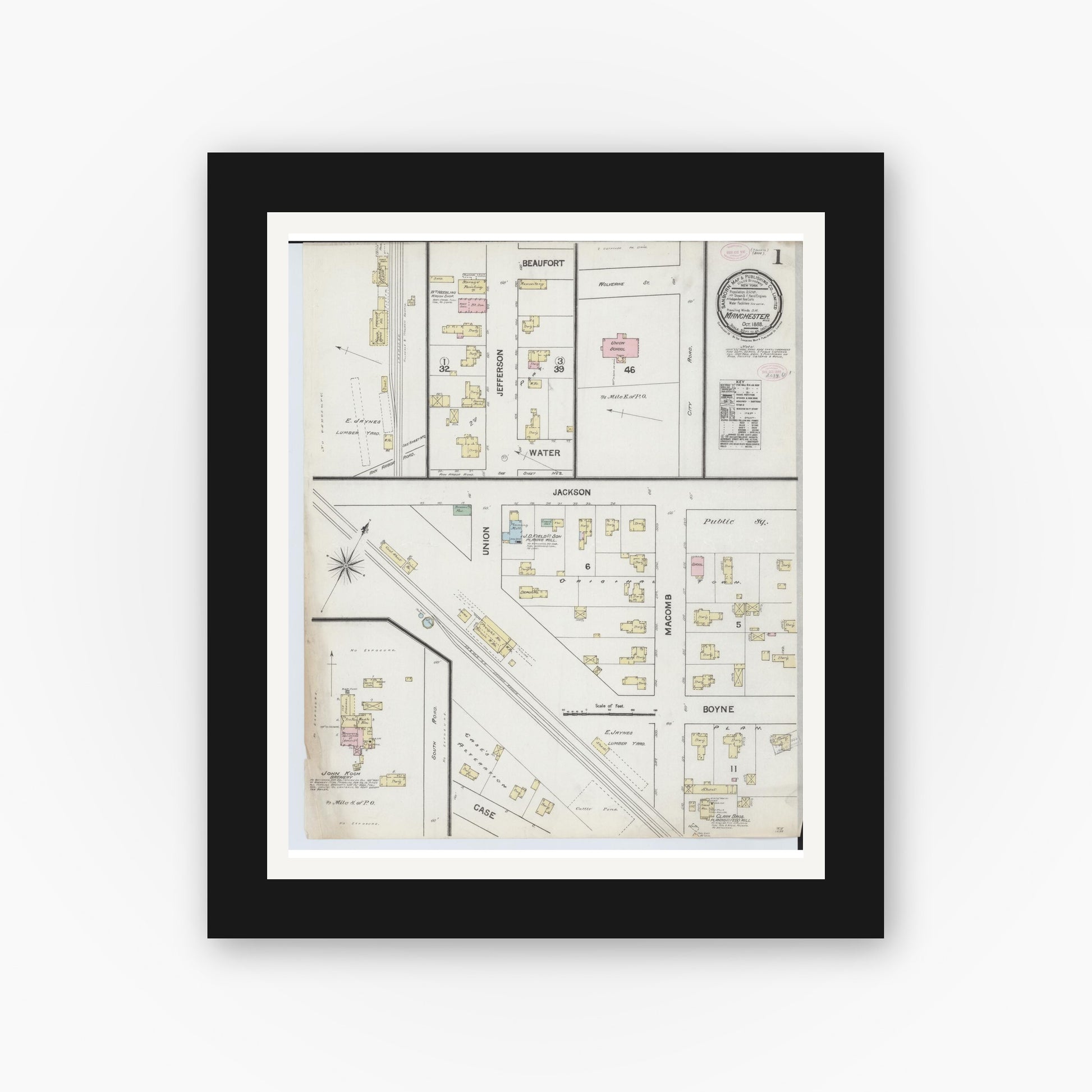 Old map wall art mockup — black gallery frame with white mat — Sanborn Fire Insurance Map from Manchester, Washtenaw County, Michigan (1888) - Complete Map Set