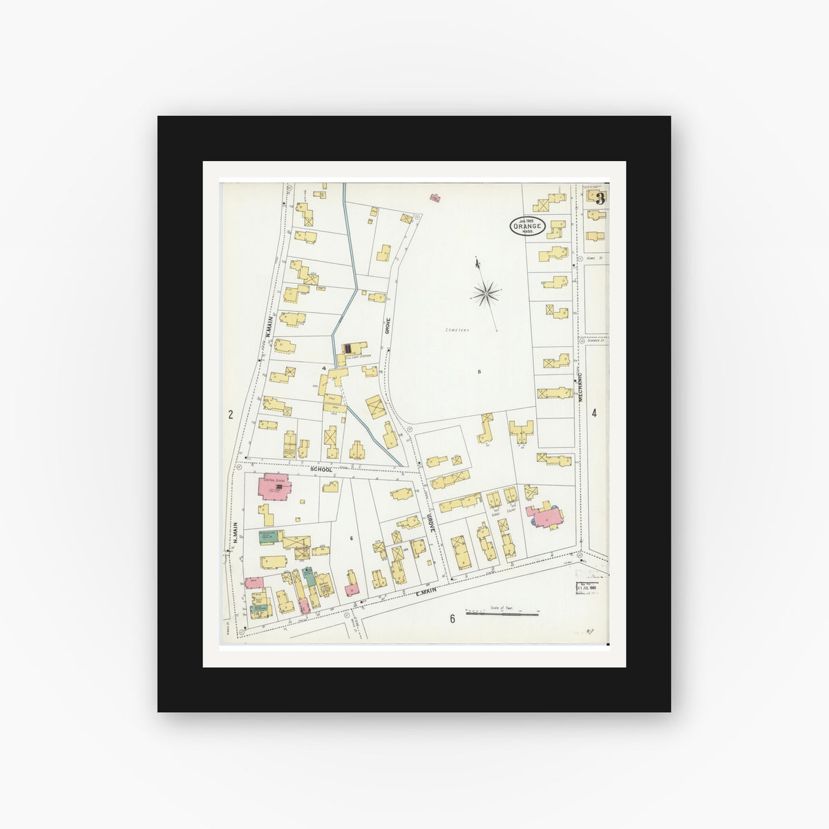 Old map wall art mockup — black gallery frame with white mat — Sanborn Fire Insurance Map from Orange, Franklin County, Massachusetts (1905), Sheet #0003