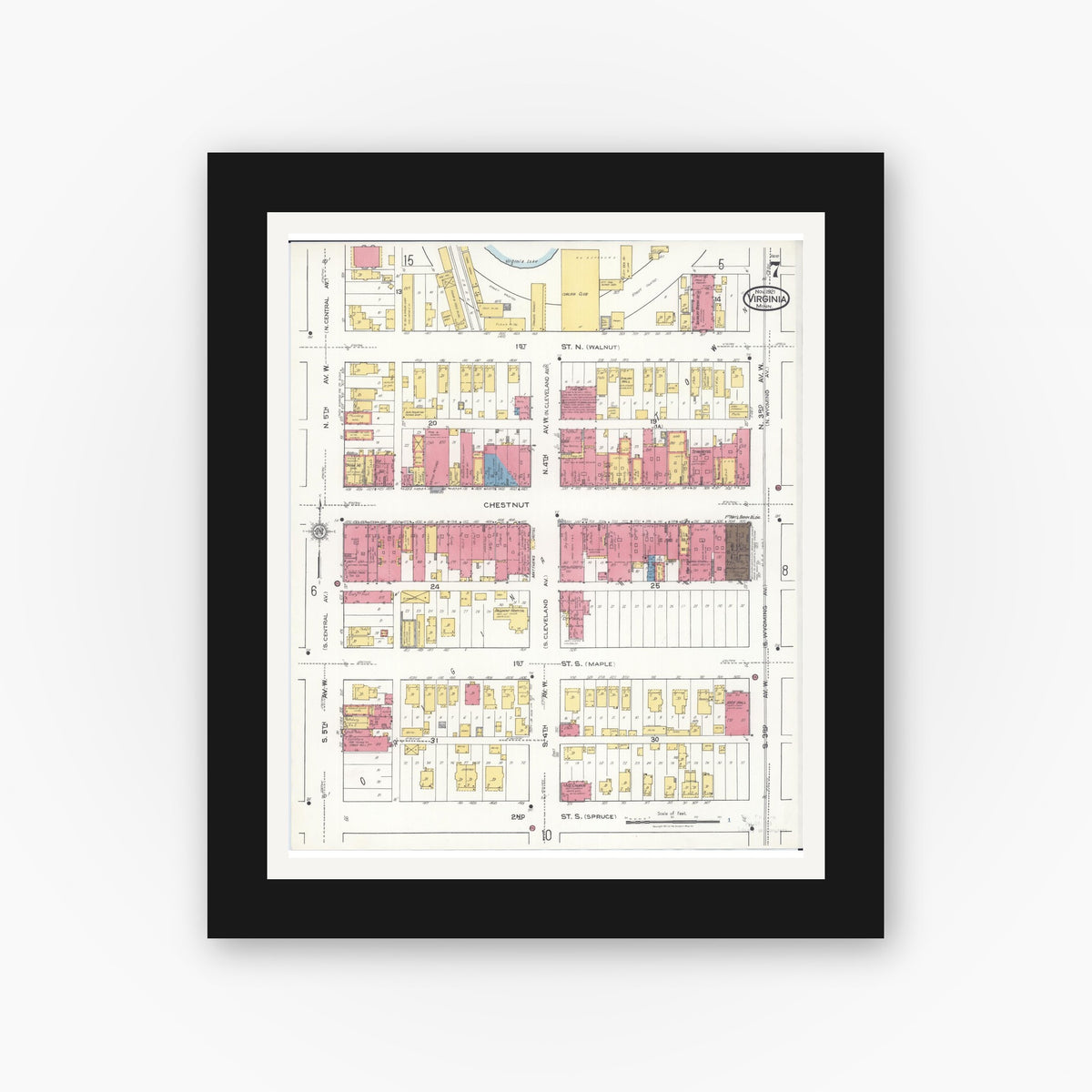Old map wall art mockup — black gallery frame with white mat — Sanborn Fire Insurance Map from Virginia, Saint Louis County, Minnesota (1921), Sheet #0007