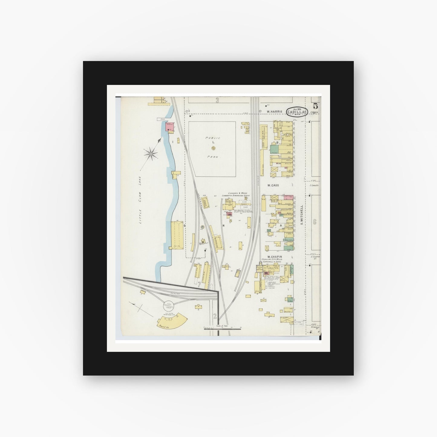 Old map wall art mockup — black gallery frame with white mat — Sanborn Fire Insurance Map from Cadillac, Wexford County, Michigan (1895), Sheet #0005