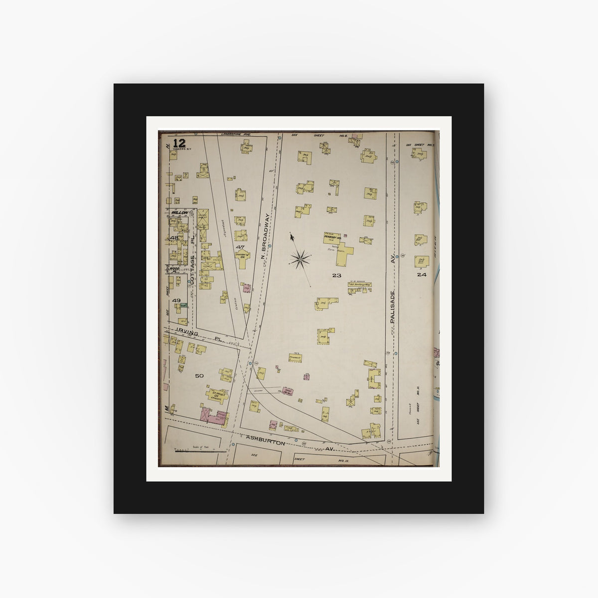 Old map wall art mockup — black gallery frame with white mat — Sanborn Fire Insurance Map from Yonkers, Westchester County, New York (1886), Sheet #0012