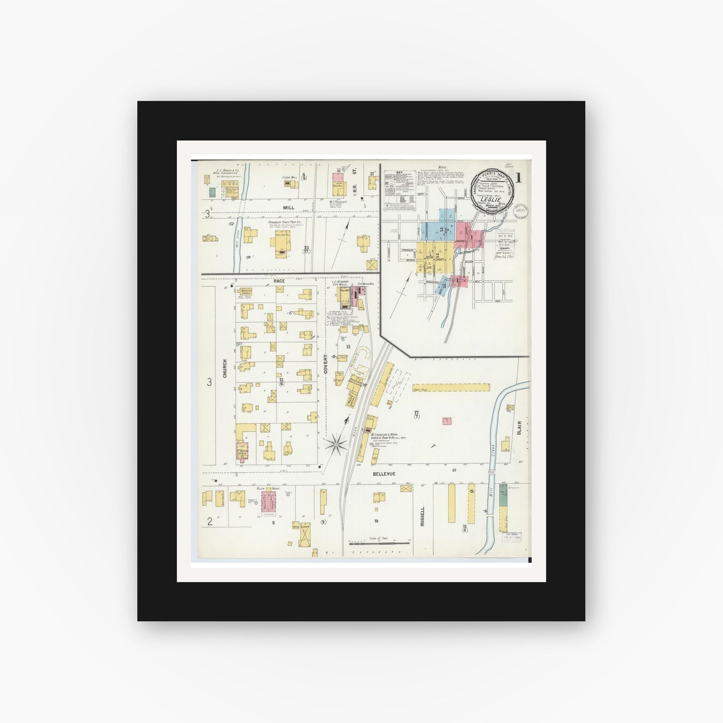 Old map wall art mockup — black gallery frame with white mat — Sanborn Fire Insurance Map from Leslie, Ingham County, Michigan (1900) - Complete Map Set