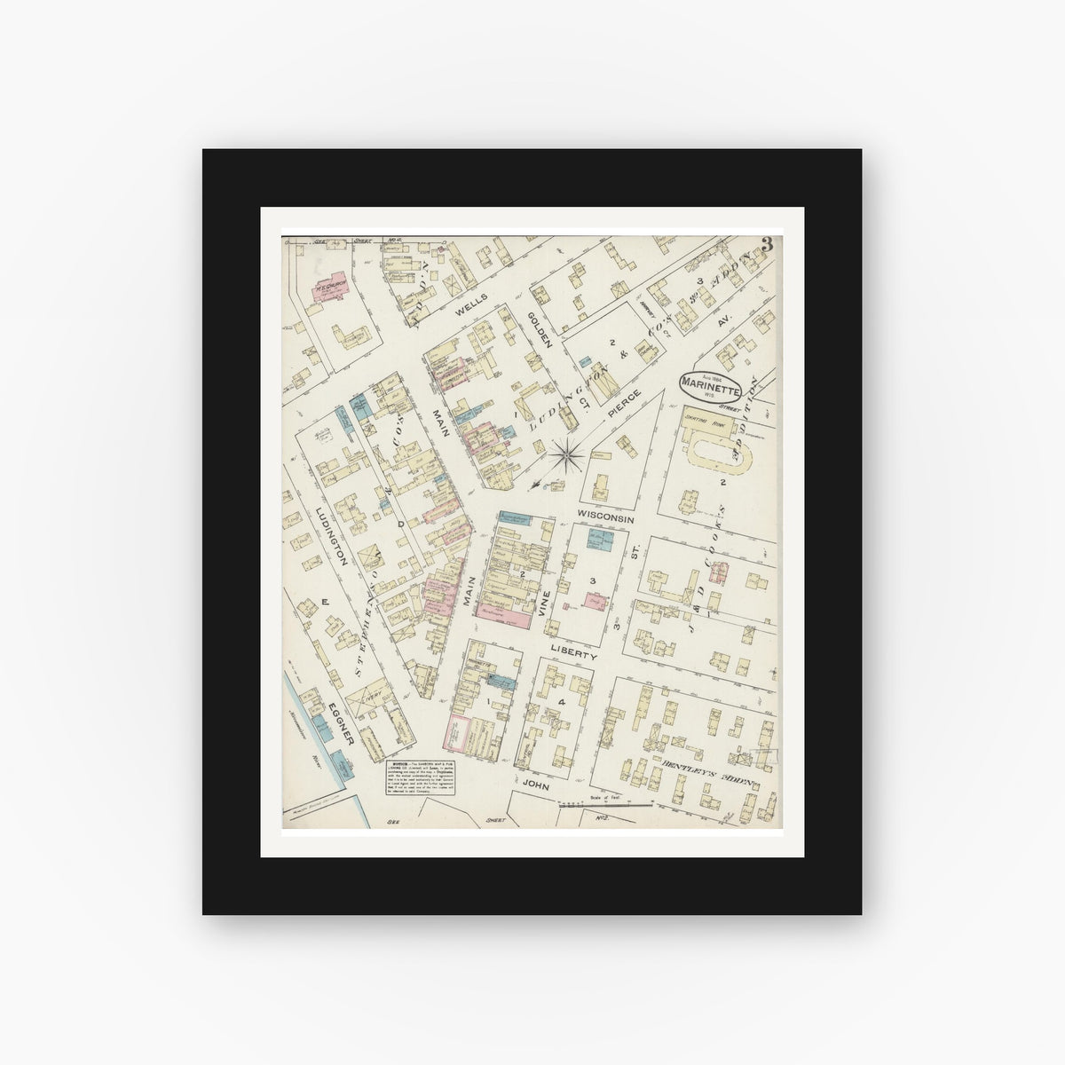 Old map wall art mockup — black gallery frame with white mat — Sanborn Fire Insurance Map from Marinette, Marinette County, Wisconsin (1884), Sheet #0003