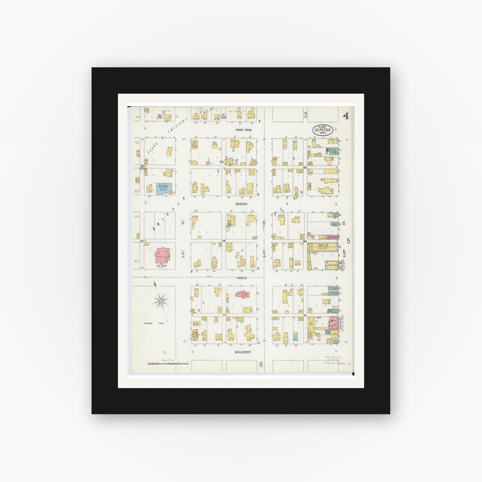 Old map wall art mockup — black gallery frame with white mat — Sanborn Fire Insurance Map from Saint Peter, Nicollet County, Minnesota (1900), Sheet #0004