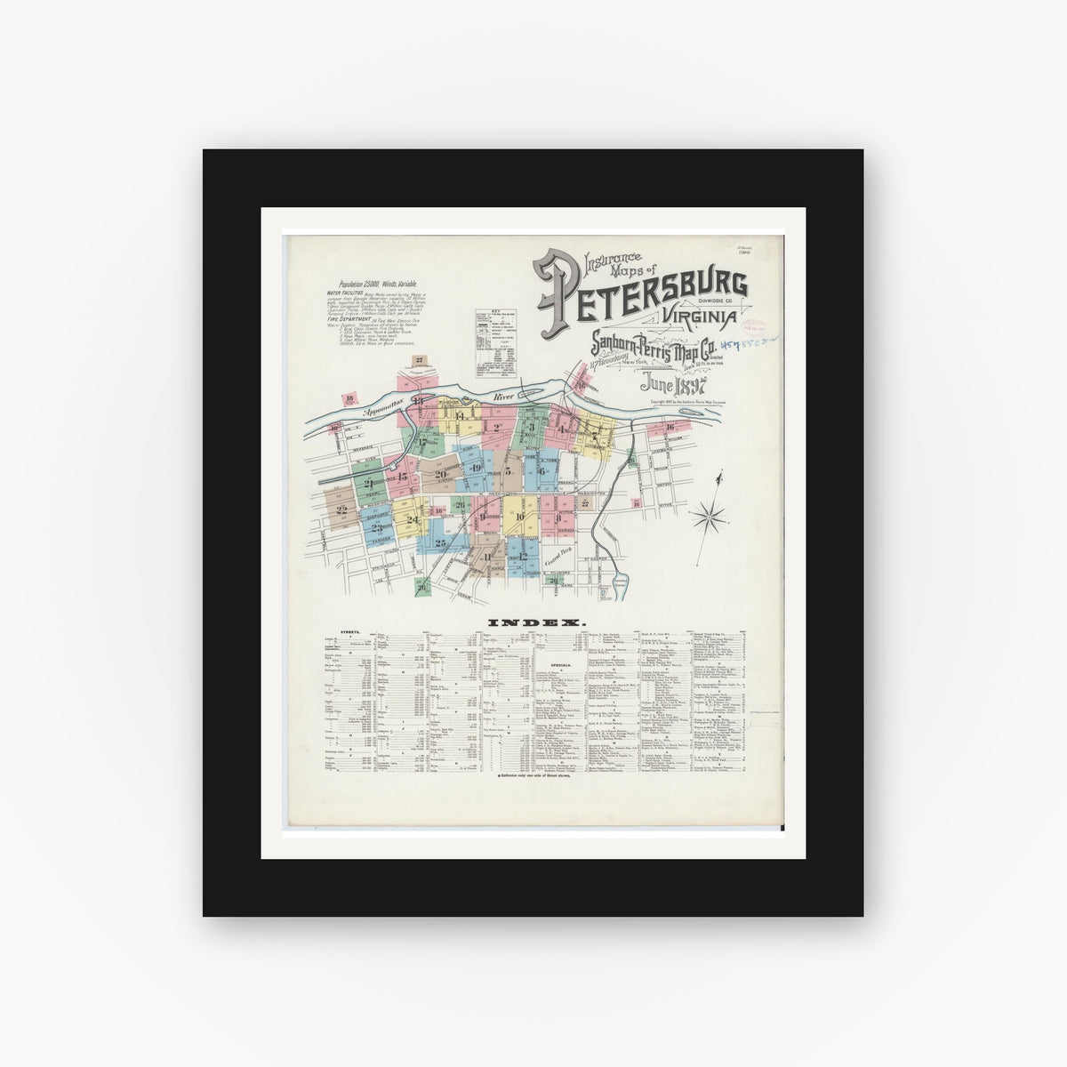 Old map wall art mockup — black gallery frame with white mat — Sanborn Fire Insurance Map from Petersburg, Independent Cities, Virginia (1897), Sheet #0001