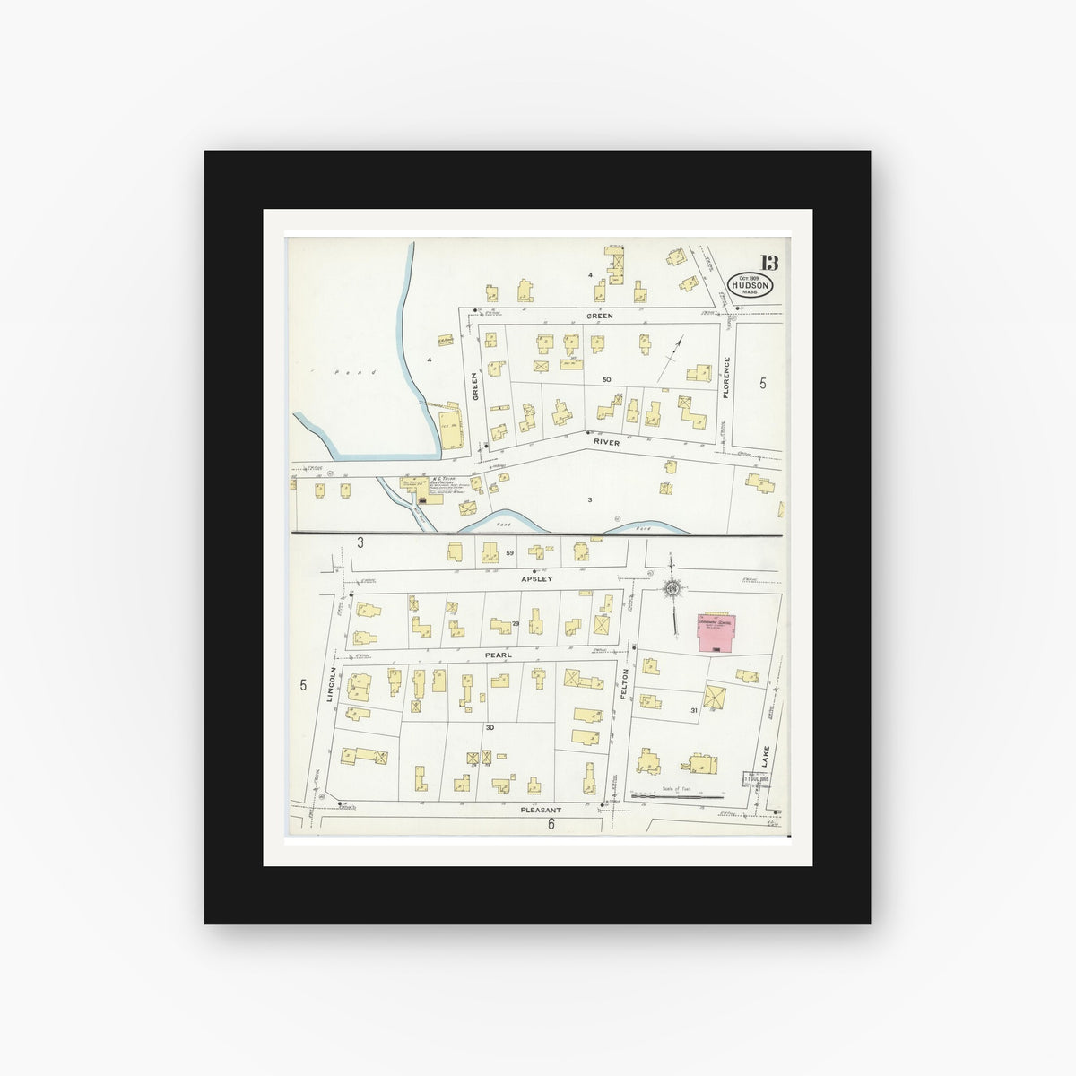 Old map wall art mockup — black gallery frame with white mat — Sanborn Fire Insurance Map from Hudson, Middlesex County, Massachusetts (1909), Sheet #0013