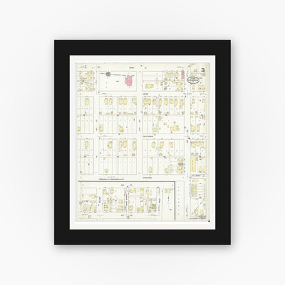 Old map wall art mockup — black gallery frame with white mat — Sanborn Fire Insurance Map from Columbus, Bartholomew County, Indiana (1912), Sheet #0003