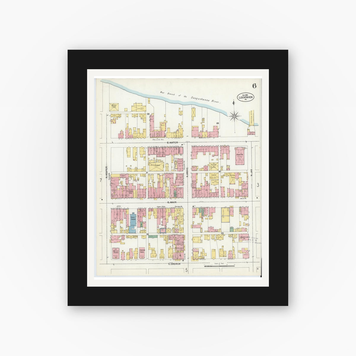 Old map wall art mockup — black gallery frame with white mat — Sanborn Fire Insurance Map from Lock Haven, Clinton County, Pennsylvania (1901), Sheet #0006