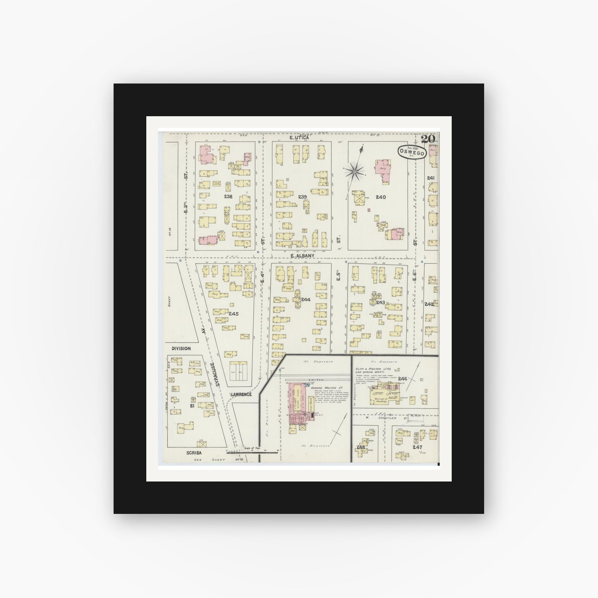 Old map wall art mockup — black gallery frame with white mat — Sanborn Fire Insurance Map from Oswego, Oswego County, New York (1890), Sheet #0020