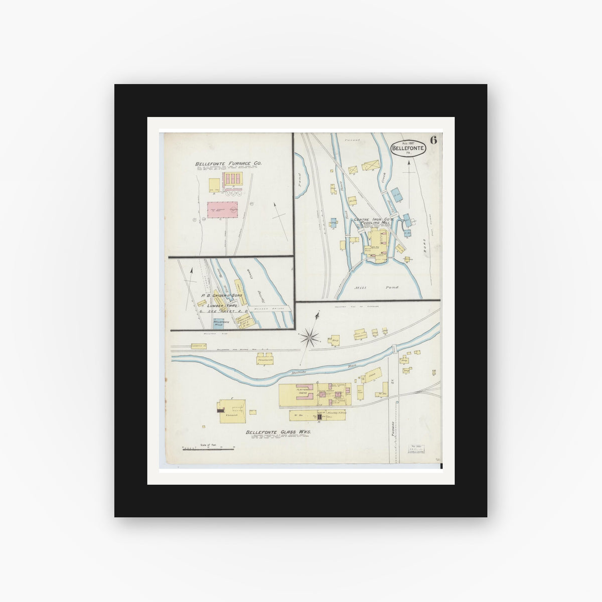 Old map wall art mockup — black gallery frame with white mat — Sanborn Fire Insurance Map from Bellefonte, Centre County, Pennsylvania (1887), Sheet #0006
