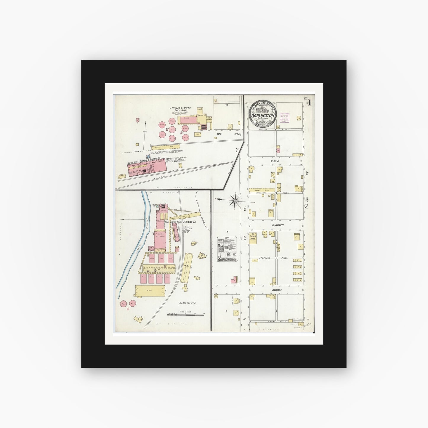 Old map wall art mockup — black gallery frame with white mat — Sanborn Fire Insurance Map from Darlington, Beaver County, Pennsylvania (1906), Sheet #0001
