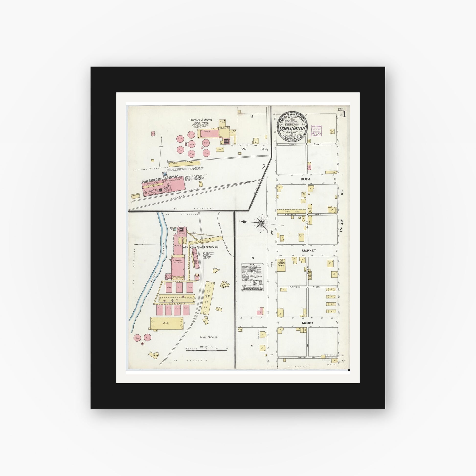 Old map wall art mockup — black gallery frame with white mat — Sanborn Fire Insurance Map from Darlington, Beaver County, Pennsylvania (1906), Sheet #0001