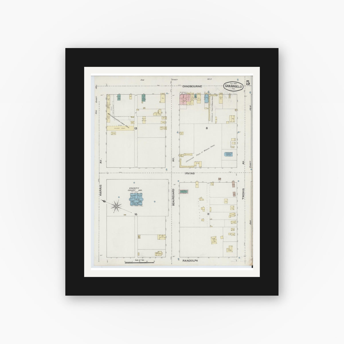 Old map wall art mockup — black gallery frame with white mat — Sanborn Fire Insurance Map from San Angelo, Tom Green County, Texas (1889), Sheet #0005