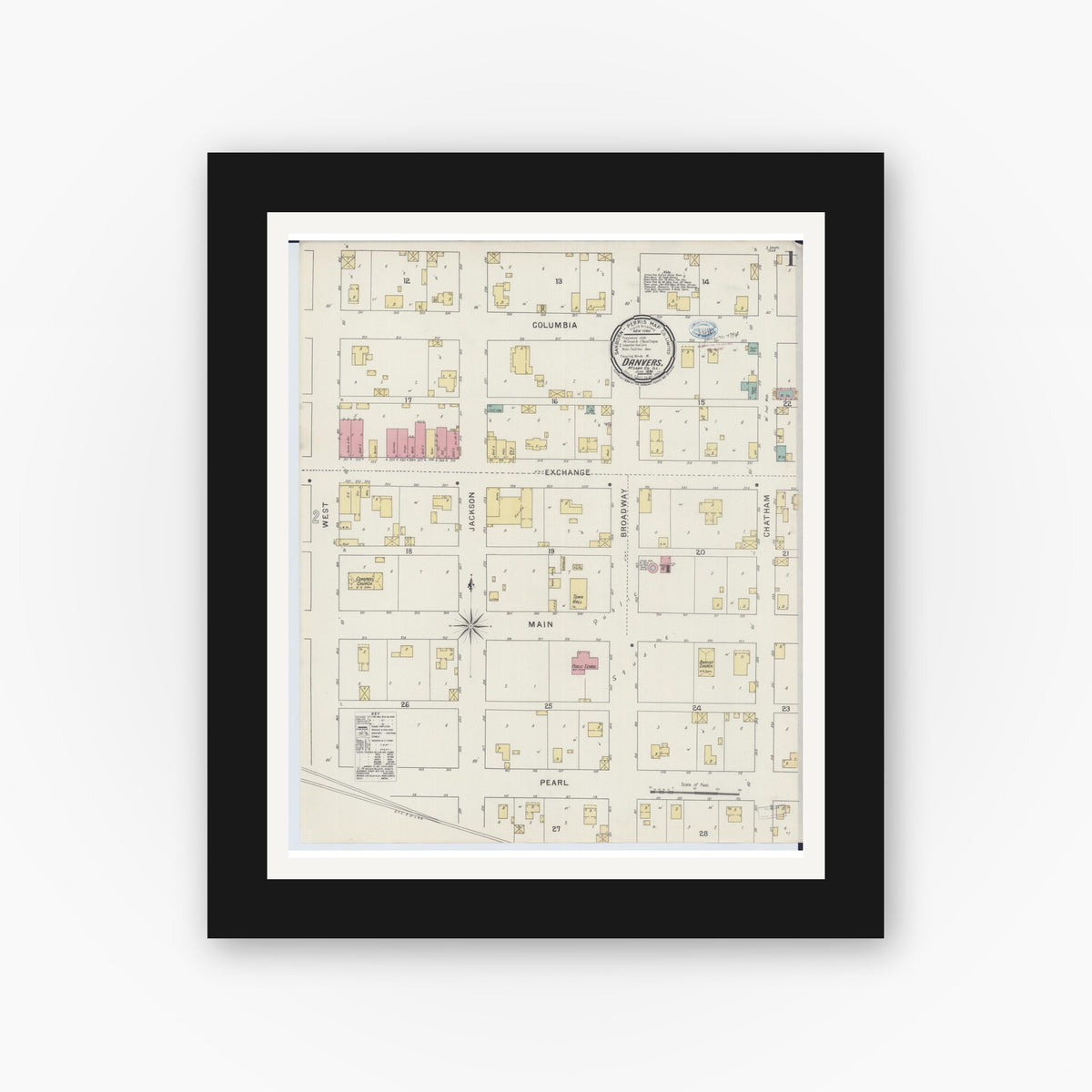 Old map wall art mockup — black gallery frame with white mat — Sanborn Fire Insurance Map from Danvers, McLean County, Illinois (1894) - Complete Map Set