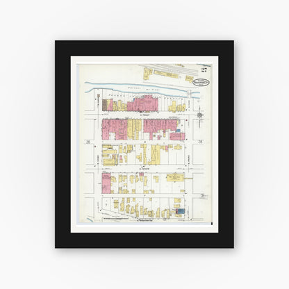 Old map wall art mockup — black gallery frame with white mat — Sanborn Fire Insurance Map from Traverse City, Grand Traverse County, Michigan (1920), Sheet #0027