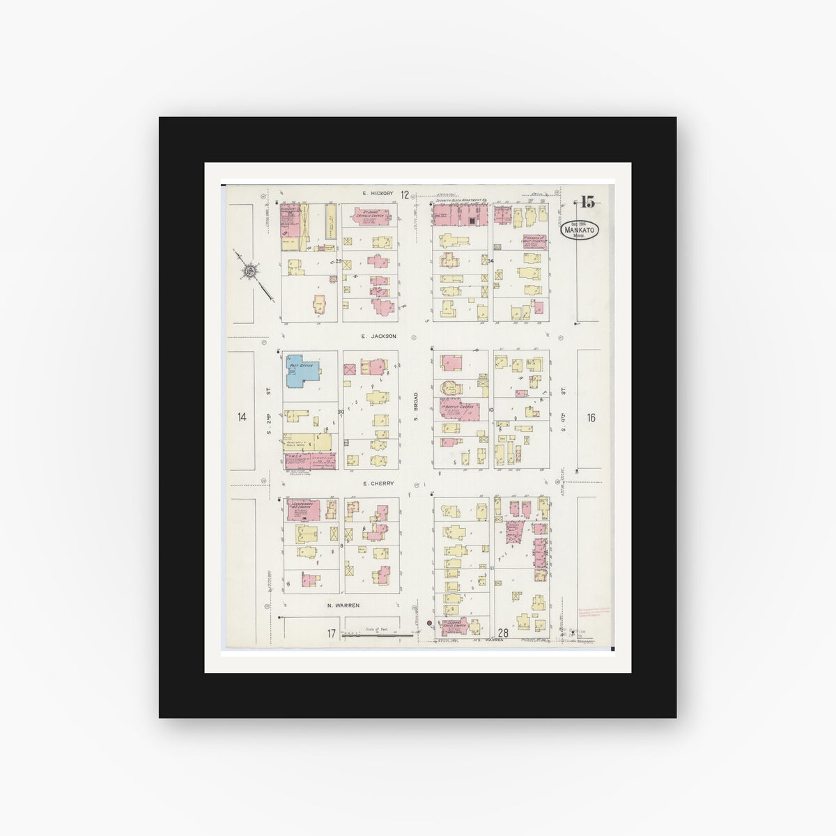 Old map wall art mockup — black gallery frame with white mat — Sanborn Fire Insurance Map from Mankato, Blue Earth County, Minnesota (1914), Sheet #0015