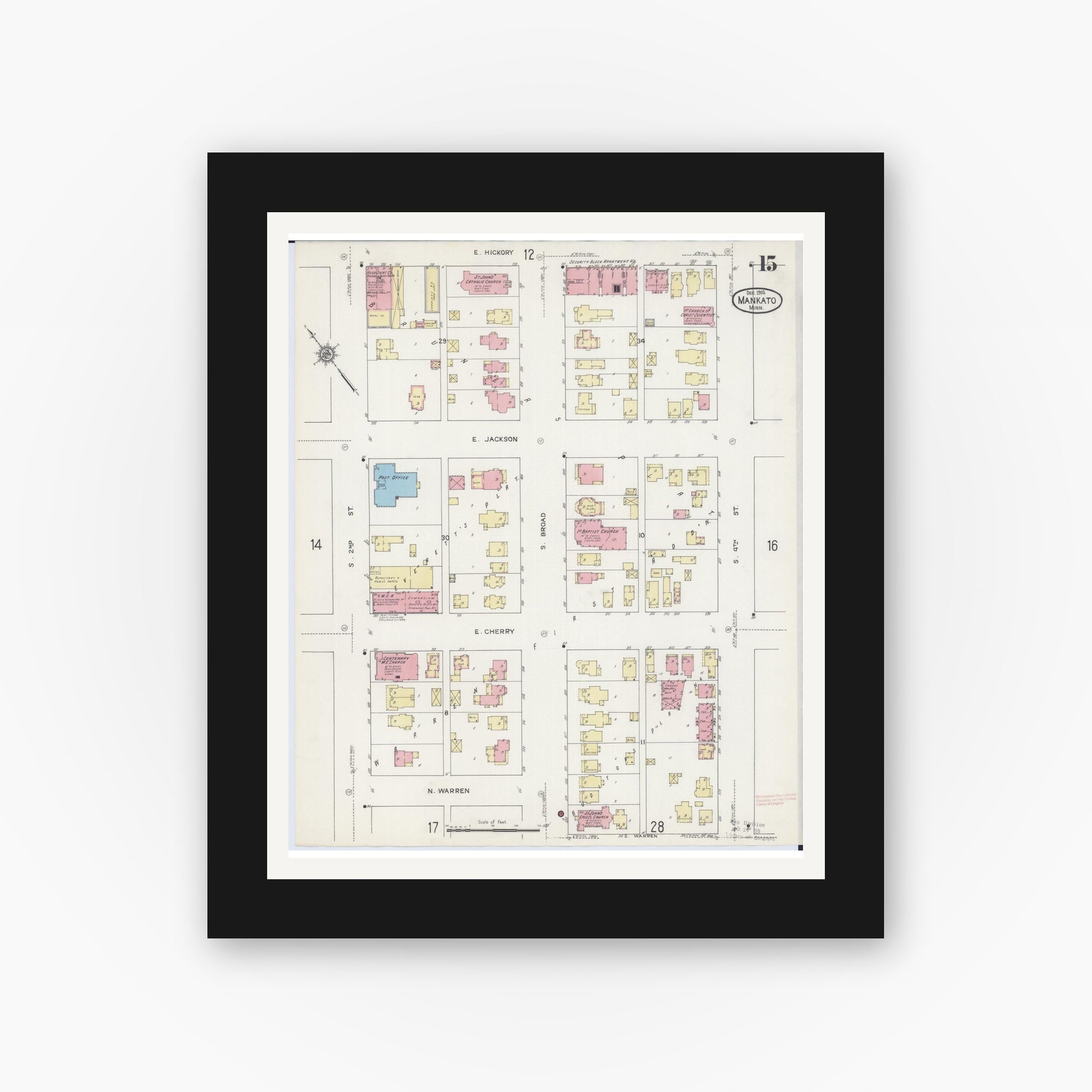 Old map wall art mockup — black gallery frame with white mat — Sanborn Fire Insurance Map from Mankato, Blue Earth County, Minnesota (1914), Sheet #0015