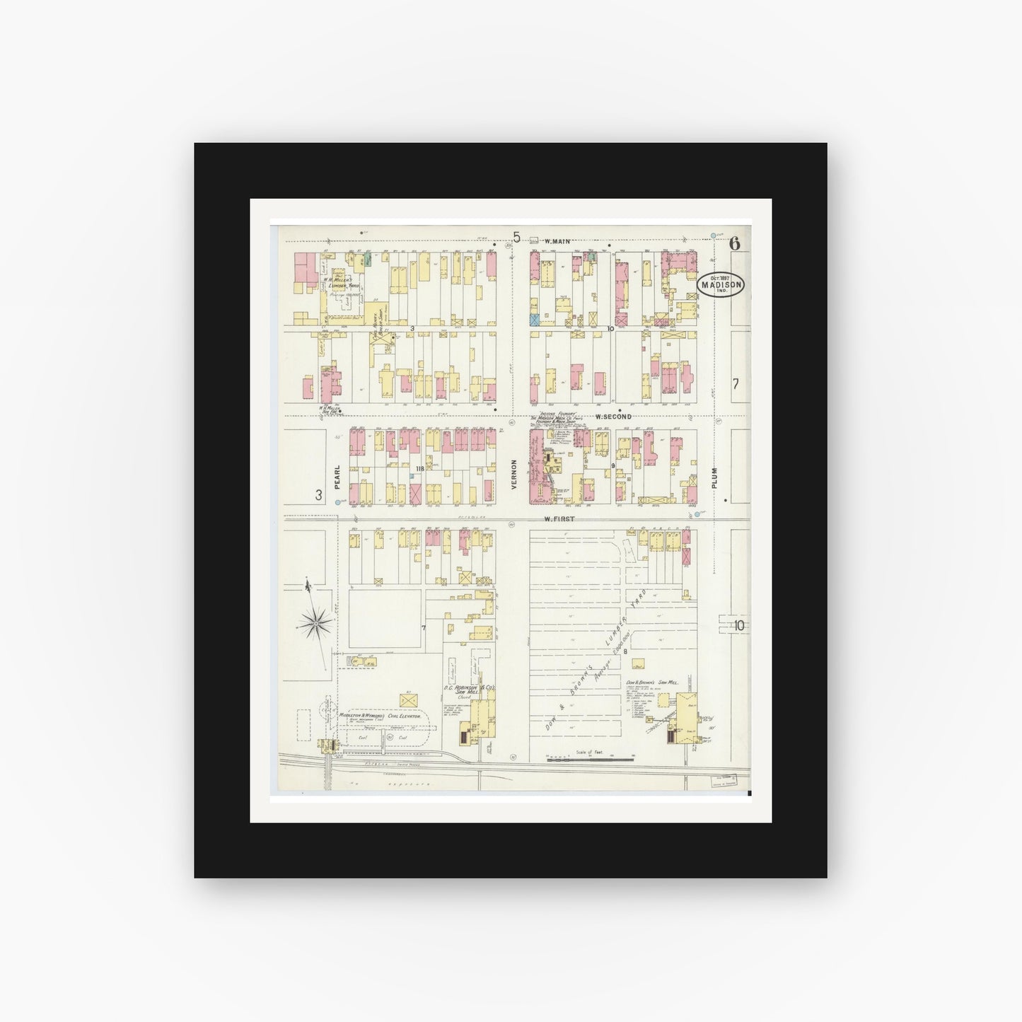 Old map wall art mockup — black gallery frame with white mat — Sanborn Fire Insurance Map from Madison, Jefferson County, Indiana (1897), Sheet #0006