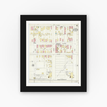 Old map wall art mockup — black gallery frame with white mat — Sanborn Fire Insurance Map from Madison, Jefferson County, Indiana (1897), Sheet #0006
