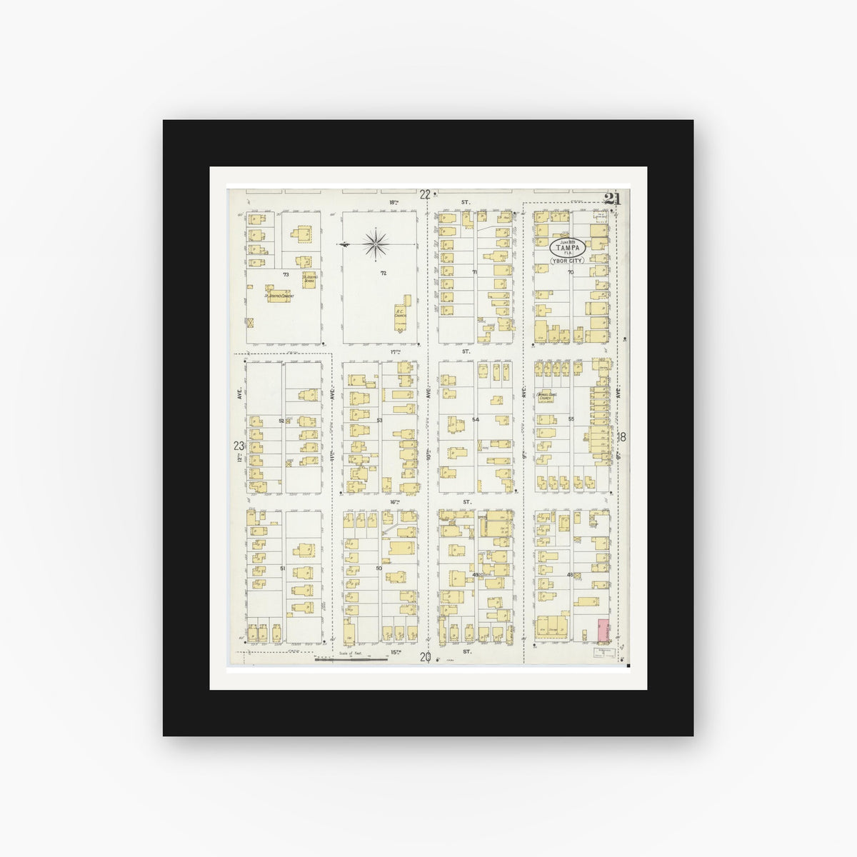 Old map wall art mockup — black gallery frame with white mat — Sanborn Fire Insurance Map from Tampa, Hillsborough County, Florida (1899), Sheet #0021