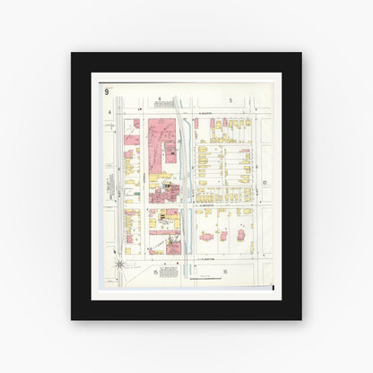 Old map wall art mockup — black gallery frame with white mat — Sanborn Fire Insurance Map from Hamilton, Butler County, Ohio (1899), Sheet #0009