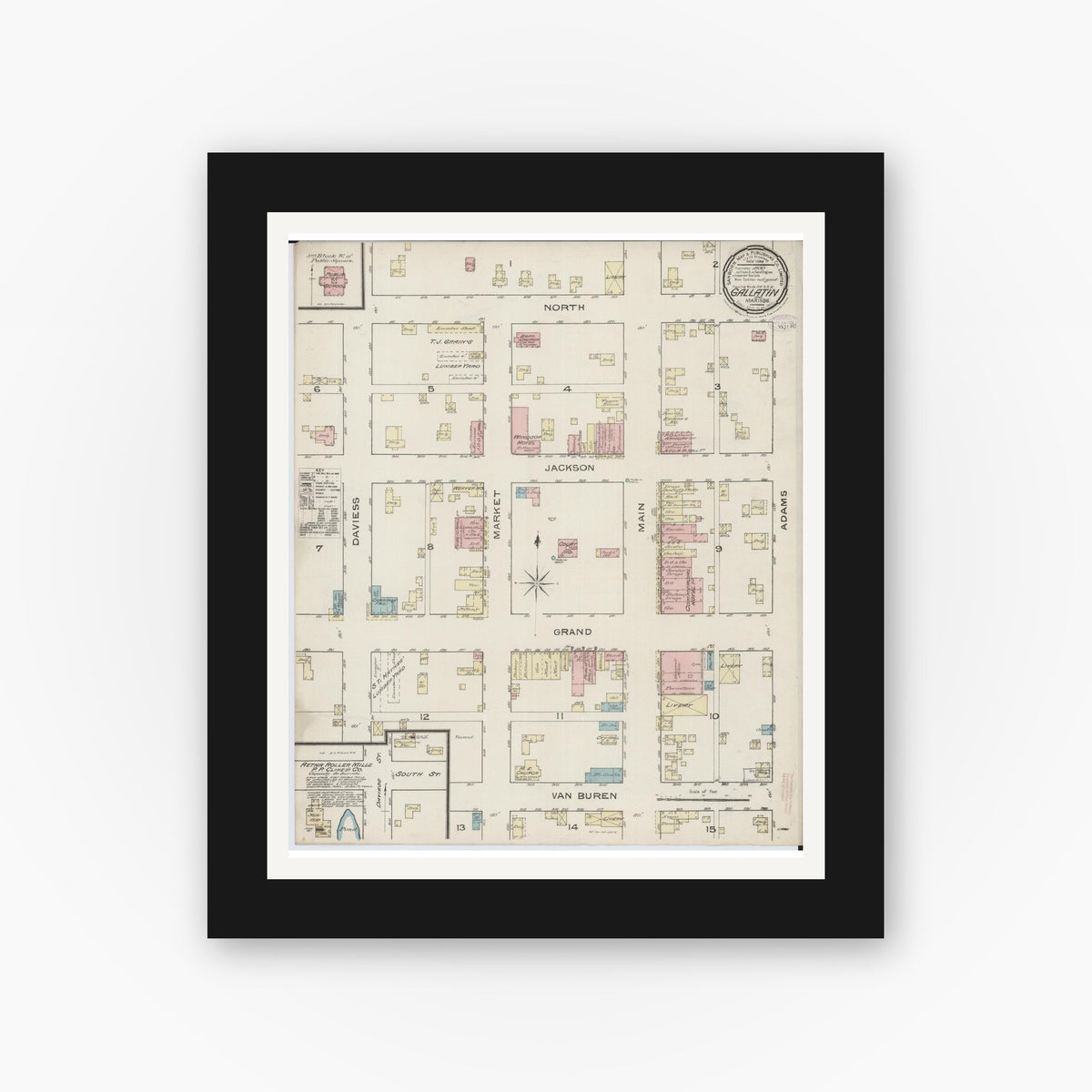 Old map wall art mockup — black gallery frame with white mat — Sanborn Fire Insurance Map from Gallatin, Daviess County, Missouri (1886), Sheet #0001