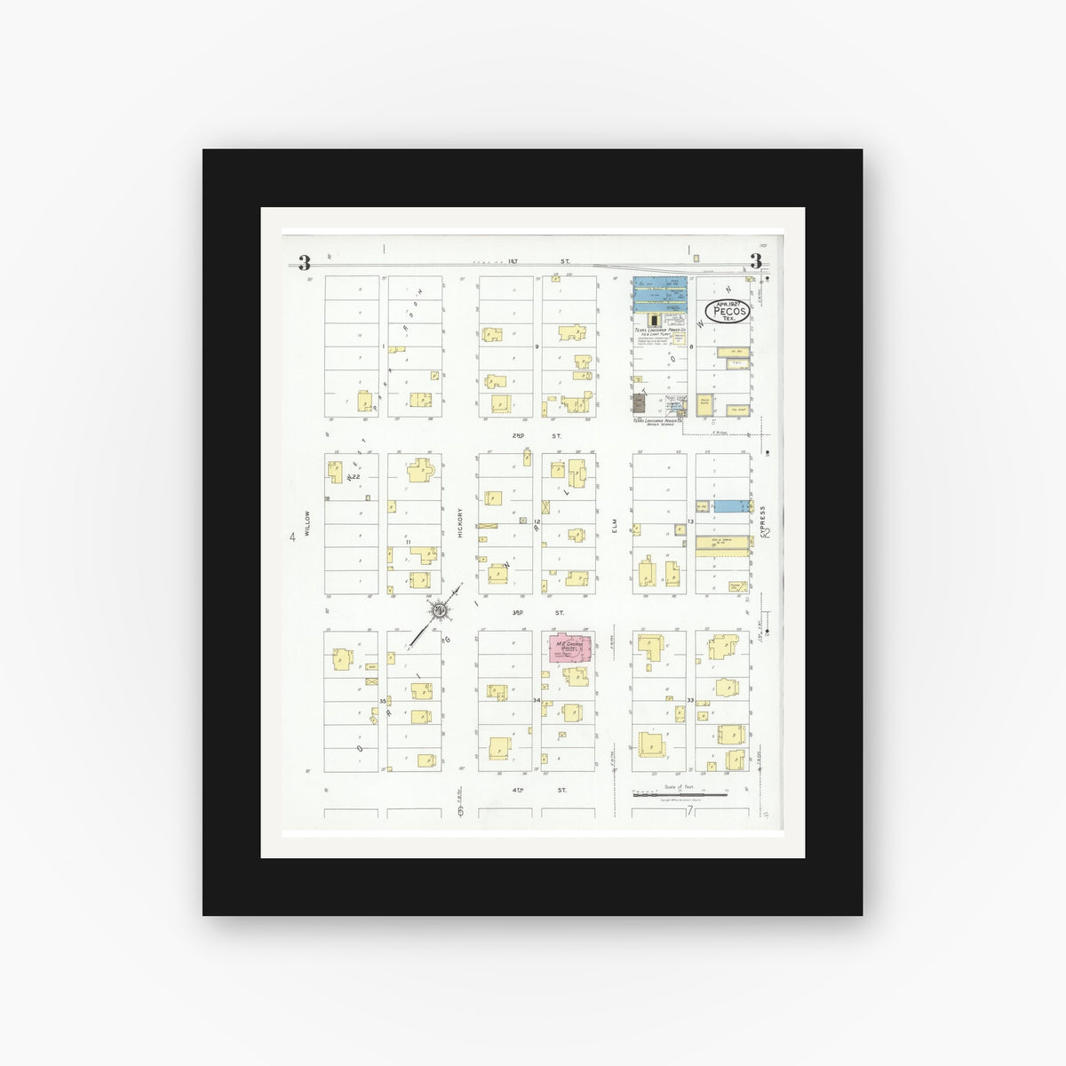Old map wall art mockup — black gallery frame with white mat — Sanborn Fire Insurance Map from Pecos, Reeves County, Texas (1927), Sheet #0003
