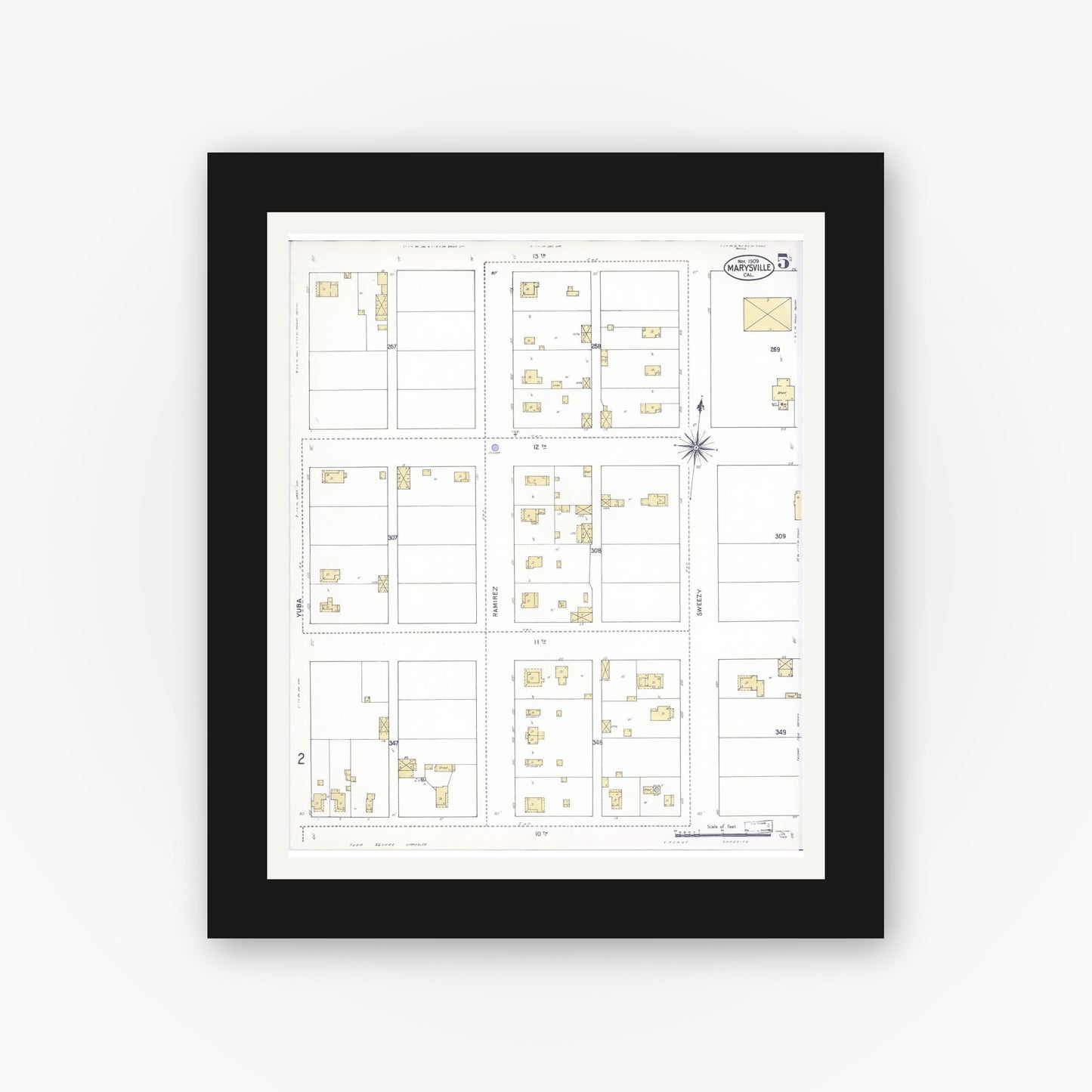 Old map wall art mockup — black gallery frame with white mat — Sanborn Fire Insurance Map from Marysville, Yuba County, California (1909), Sheet #0005