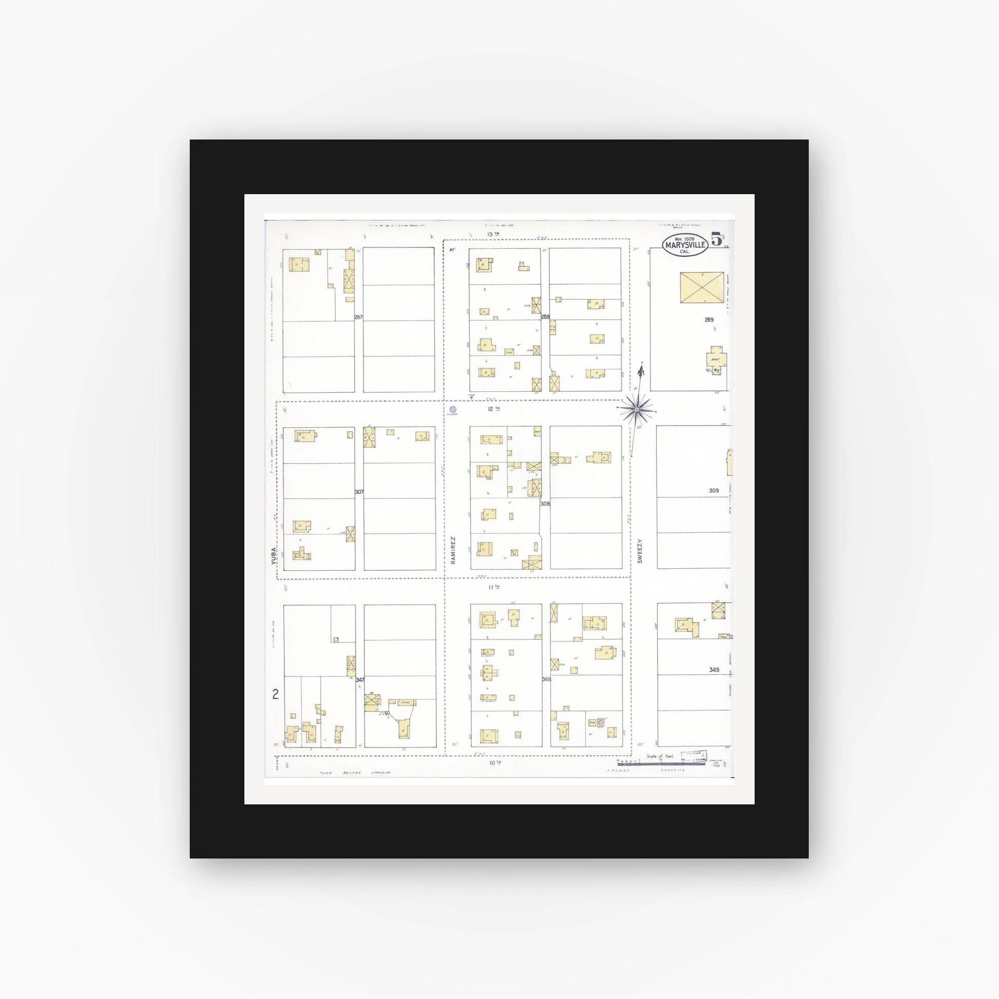 Old map wall art mockup — black gallery frame with white mat — Sanborn Fire Insurance Map from Marysville, Yuba County, California (1909), Sheet #0005
