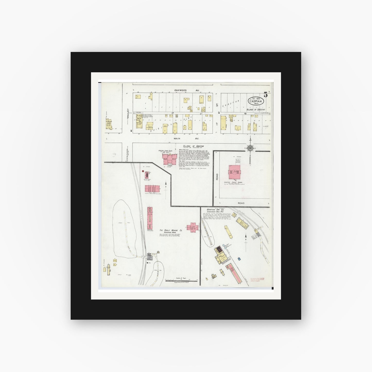 Old map wall art mockup — black gallery frame with white mat — Sanborn Fire Insurance Map from Caspian, Iron County, Michigan (1922), Sheet #0005