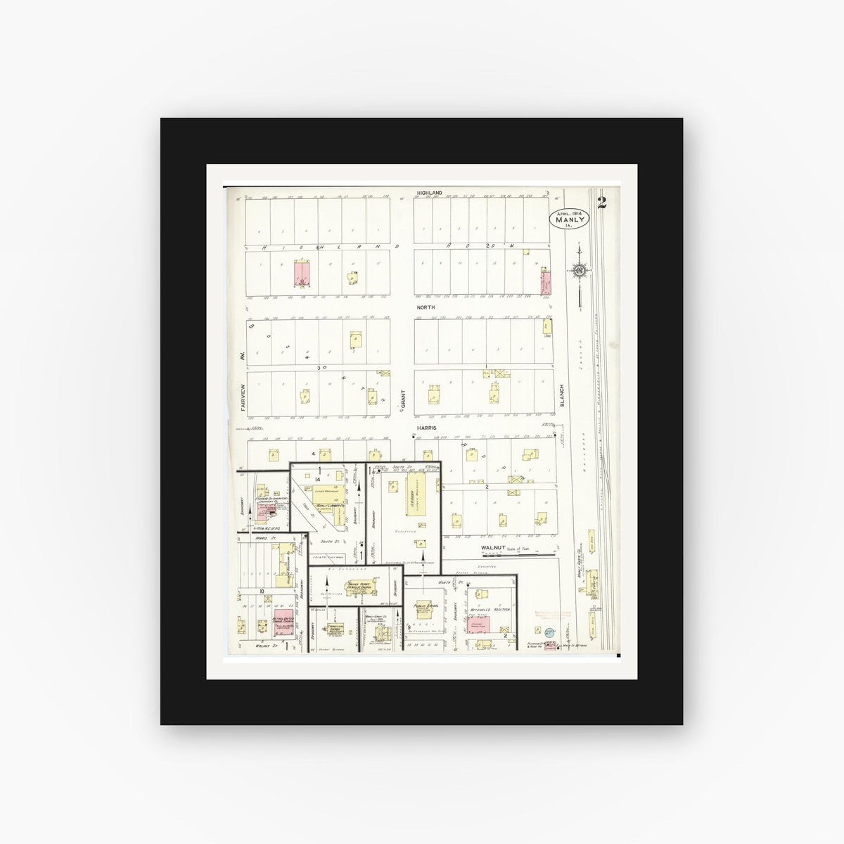 Old map wall art mockup — black gallery frame with white mat — Sanborn Fire Insurance Map from Manly, Worth County, Iowa (1914), Sheet #0002