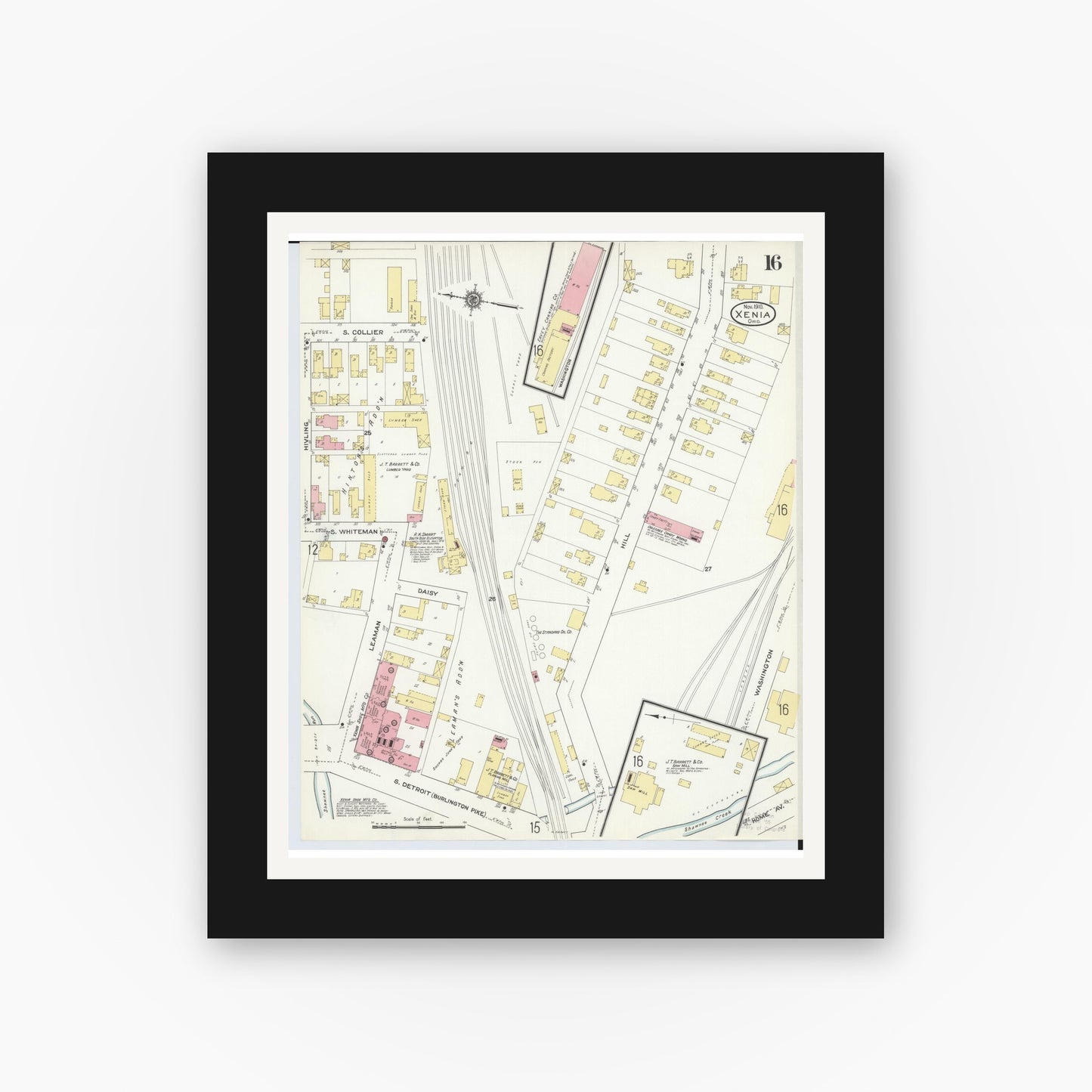 Old map wall art mockup — black gallery frame with white mat — Sanborn Fire Insurance Map from Xenia, Greene County, Ohio (1910), Sheet #0016