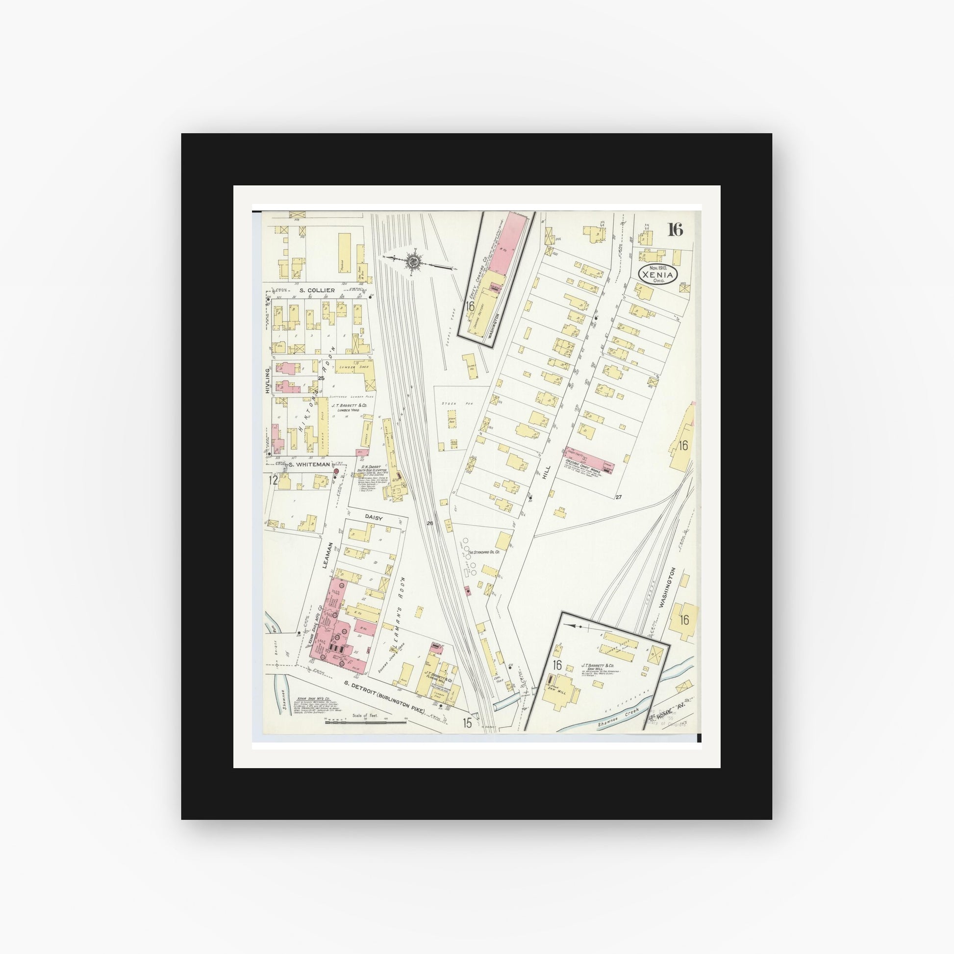 Old map wall art mockup — black gallery frame with white mat — Sanborn Fire Insurance Map from Xenia, Greene County, Ohio (1910), Sheet #0016