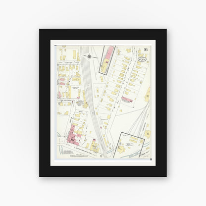 Old map wall art mockup — black gallery frame with white mat — Sanborn Fire Insurance Map from Xenia, Greene County, Ohio (1910), Sheet #0016