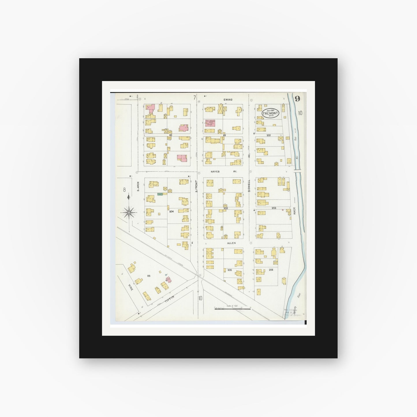 Old map wall art mockup — black gallery frame with white mat — Sanborn Fire Insurance Map from Fremont, Sandusky County, Ohio (1904), Sheet #0009