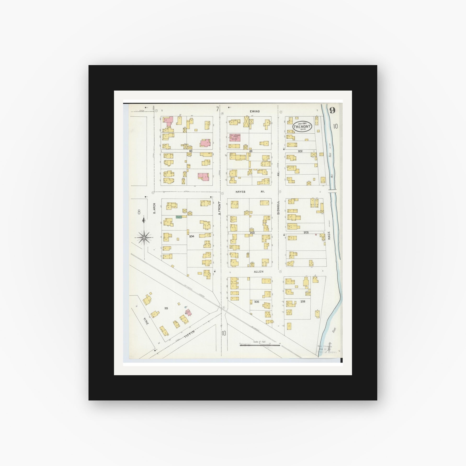Old map wall art mockup — black gallery frame with white mat — Sanborn Fire Insurance Map from Fremont, Sandusky County, Ohio (1904), Sheet #0009