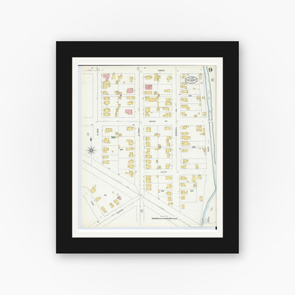 Old map wall art mockup — black gallery frame with white mat — Sanborn Fire Insurance Map from Fremont, Sandusky County, Ohio (1904), Sheet #0009