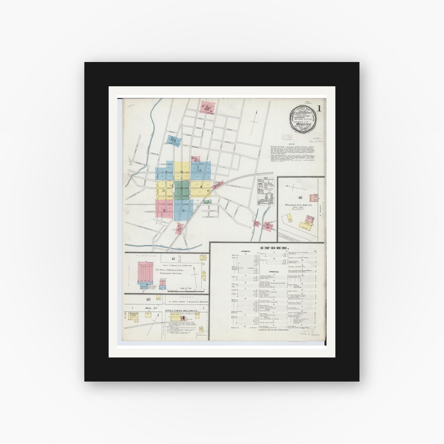 Old map wall art mockup — black gallery frame with white mat — Sanborn Fire Insurance Map from Wooster, Wayne County, Ohio (1892) - Complete Map Set