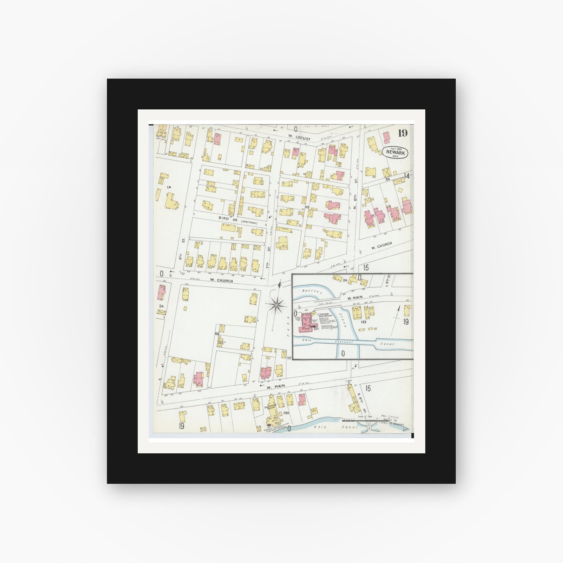 Old map wall art mockup — black gallery frame with white mat — Sanborn Fire Insurance Map from Newark, Licking County, Ohio (1899), Sheet #0019