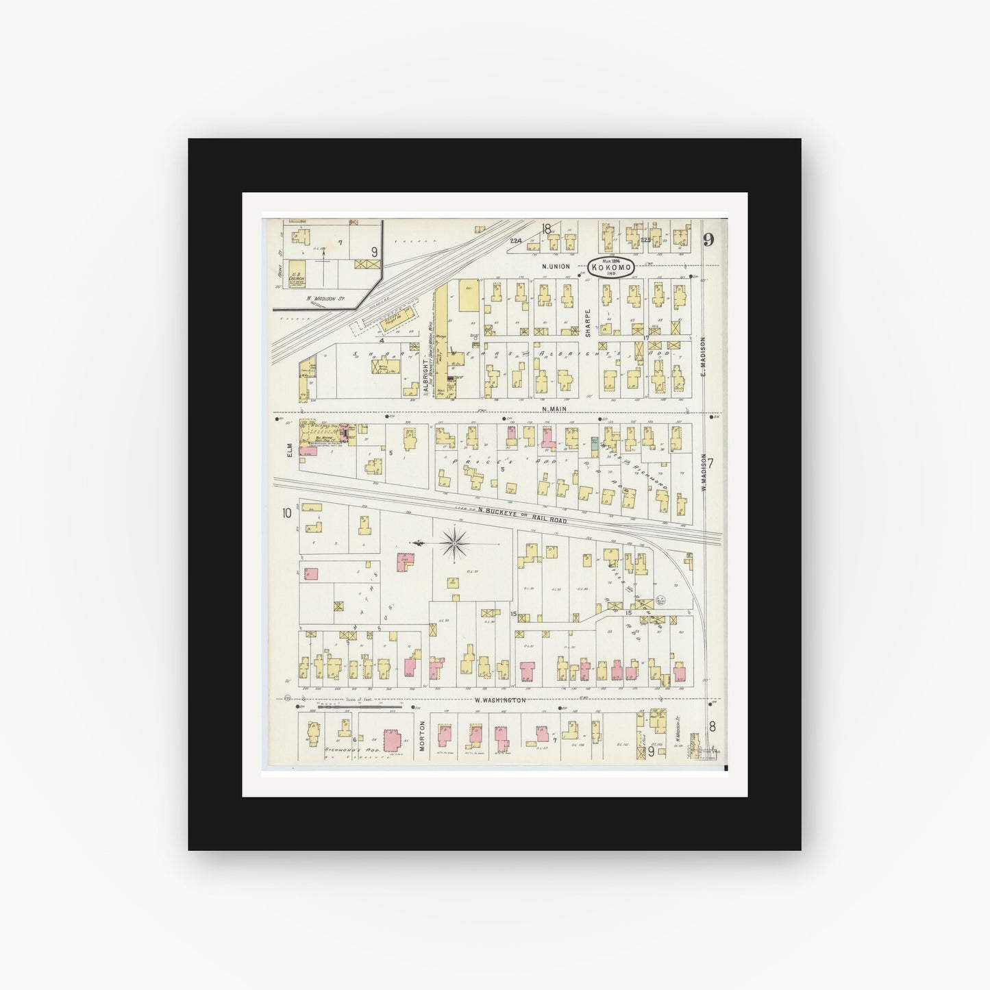 Old map wall art mockup — black gallery frame with white mat — Sanborn Fire Insurance Map from Kokomo, Howard County, Indiana (1896), Sheet #0009