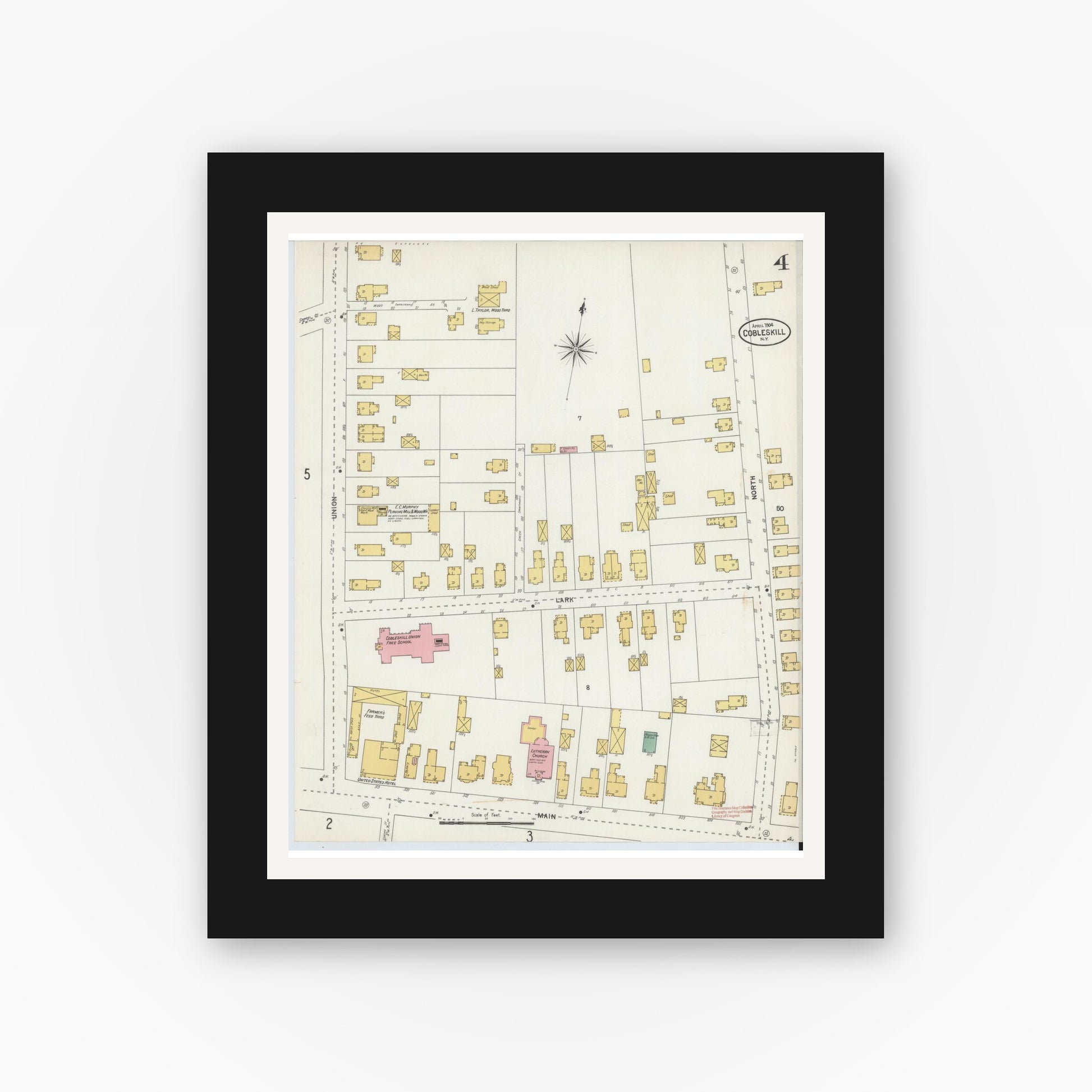 Old map wall art mockup — black gallery frame with white mat — Sanborn Fire Insurance Map from Cobleskill, Schoharie County, New York (1904), Sheet #0004