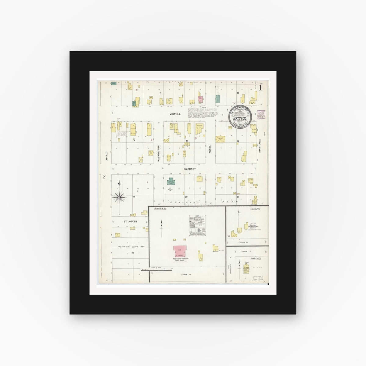 Old map wall art mockup — black gallery frame with white mat — Sanborn Fire Insurance Map from Bristol, Elkhart County, Indiana (1907), Sheet #0001