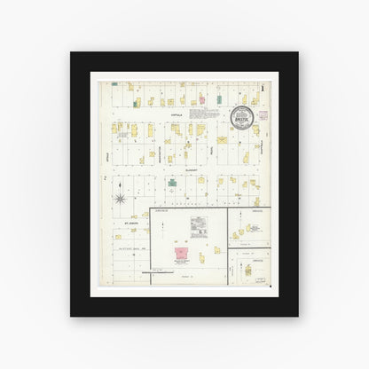 Old map wall art mockup — black gallery frame with white mat — Sanborn Fire Insurance Map from Bristol, Elkhart County, Indiana (1907), Sheet #0001