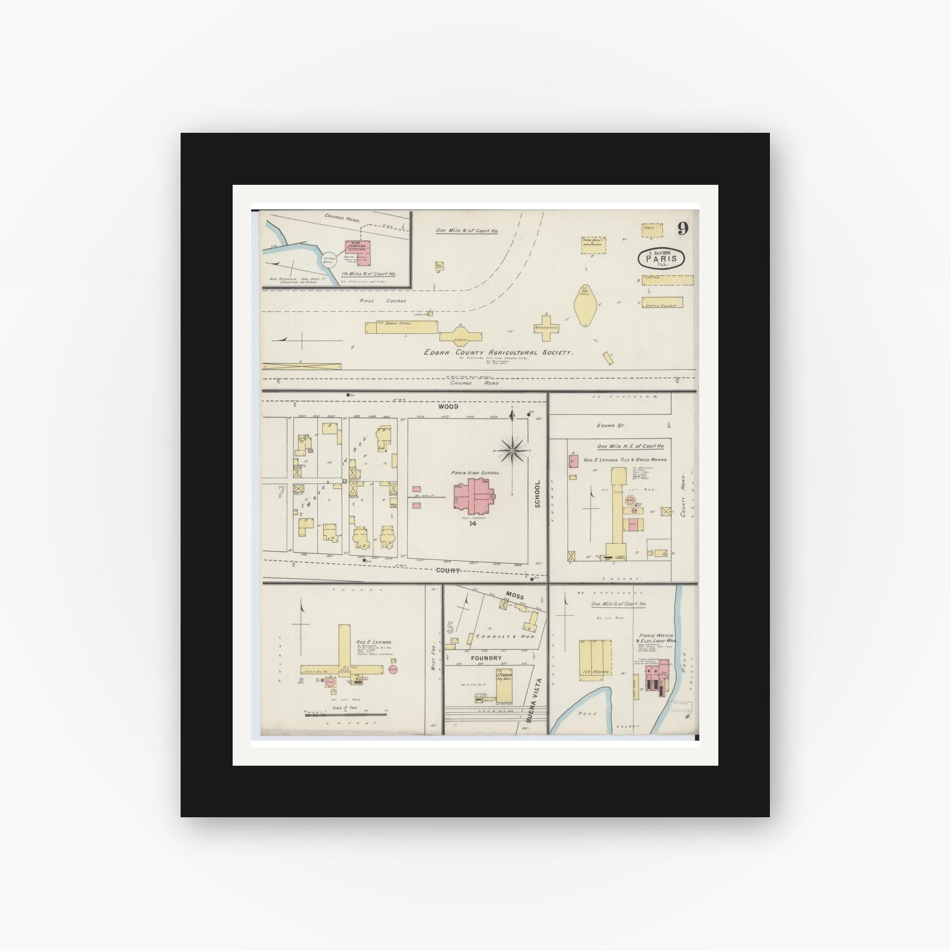 Old map wall art mockup — black gallery frame with white mat — Sanborn Fire Insurance Map from Paris, Edgar County, Illinois (1895), Sheet #0009