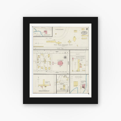 Old map wall art mockup — black gallery frame with white mat — Sanborn Fire Insurance Map from Paris, Edgar County, Illinois (1895), Sheet #0009