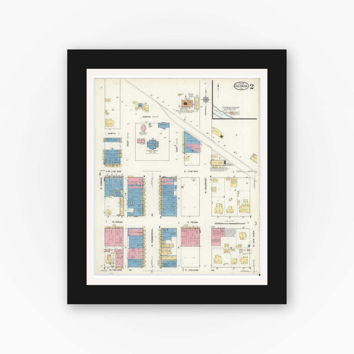 Old map wall art mockup — black gallery frame with white mat — Sanborn Fire Insurance Map from Coleman, Coleman County, Texas (1916), Sheet #0002